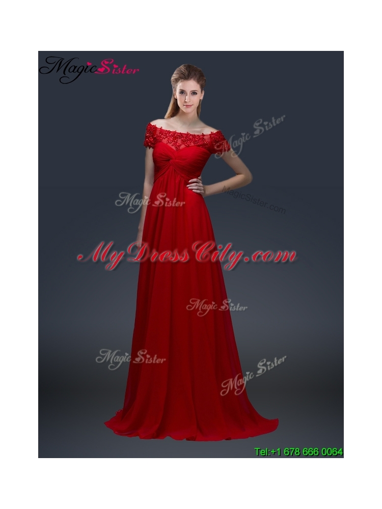 Simple Off the Shoulder Short Sleeves Red Prom Dresses with Appliques