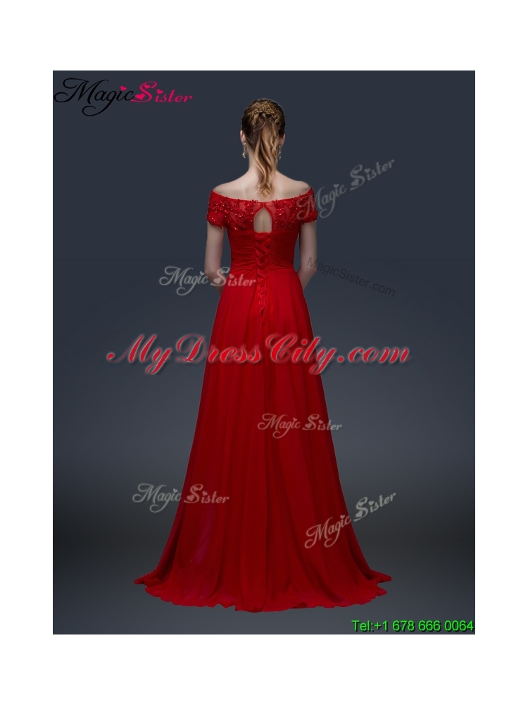 Simple Off the Shoulder Short Sleeves Red Prom Dresses with Appliques