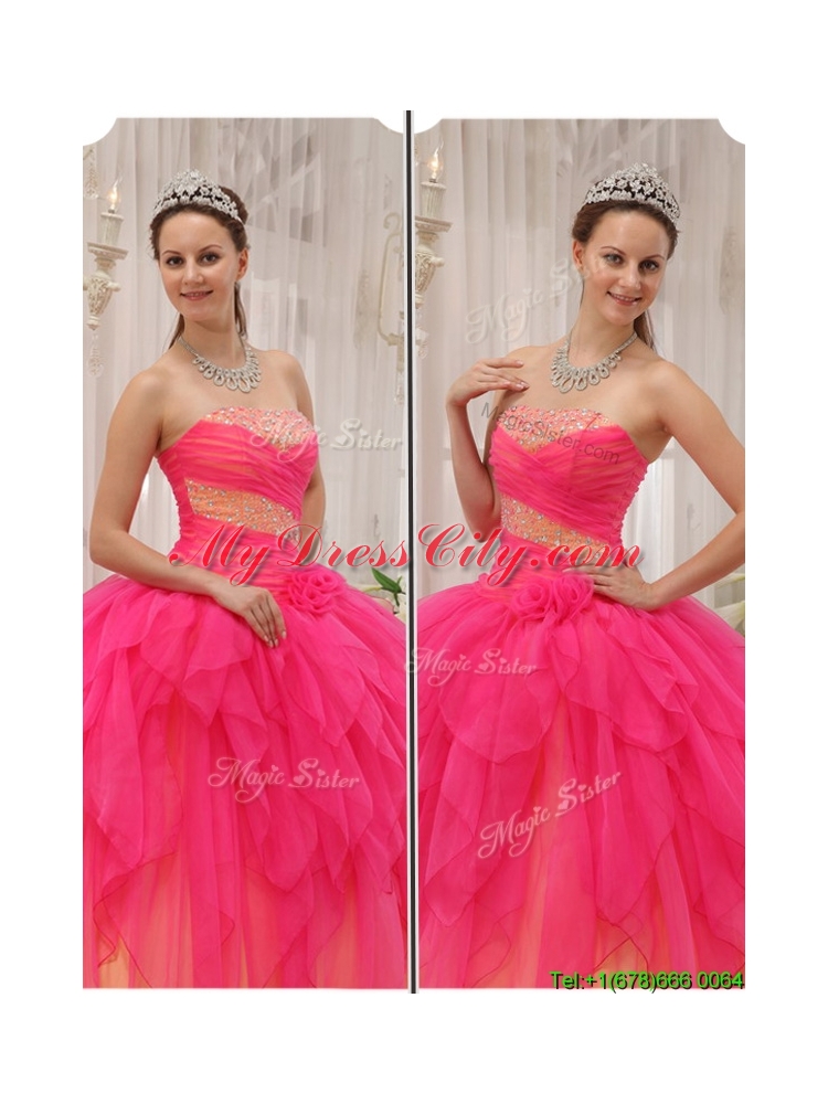 2016 Classical Hot Pink Strapless Quinceanera Gowns with Beading