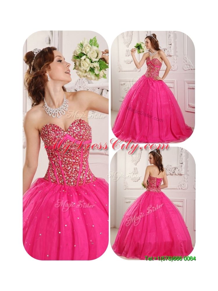 2016 Best Selling A Line Floor Length Quinceanera Dresses in Hot Pink