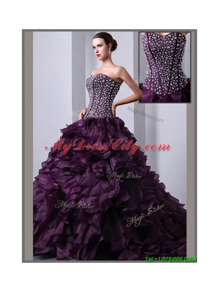 2016 Designer  A Line Brush Train Beading and Ruffles Quinceanea Dresses