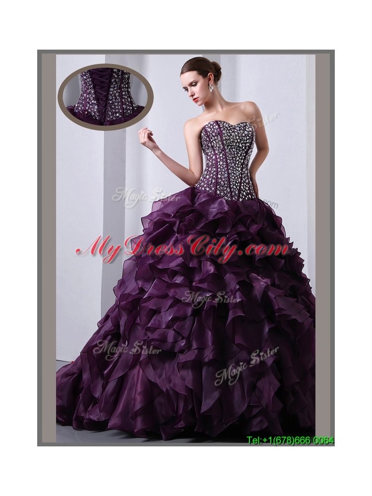 2016 Designer  A Line Brush Train Beading and Ruffles Quinceanea Dresses