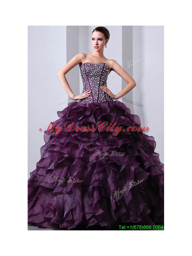 2016 Designer  A Line Brush Train Beading and Ruffles Quinceanea Dresses