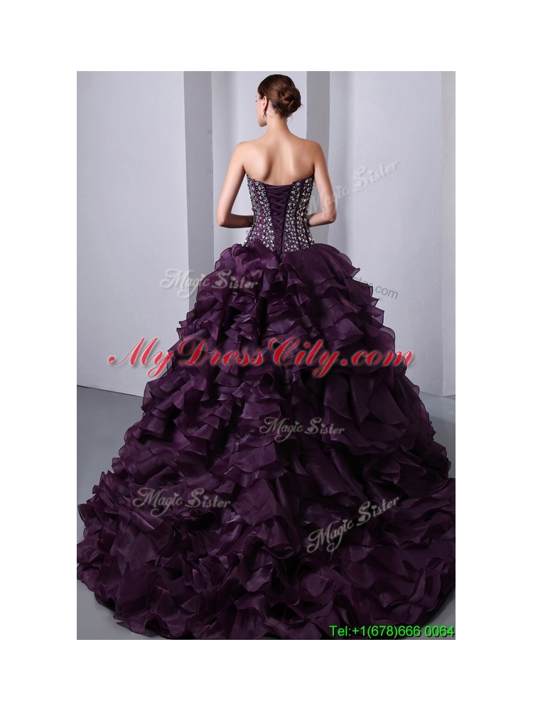 2016 Designer  A Line Brush Train Beading and Ruffles Quinceanea Dresses