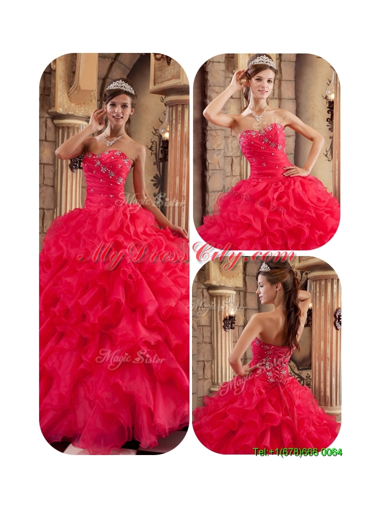 2016  Designer Coral Red Ball Gown Floor Length Ruffles Quinceanera Dresses