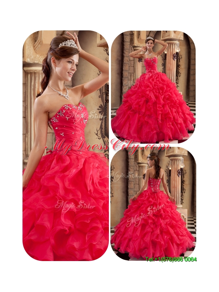 2016  Designer Coral Red Ball Gown Floor Length Ruffles Quinceanera Dresses