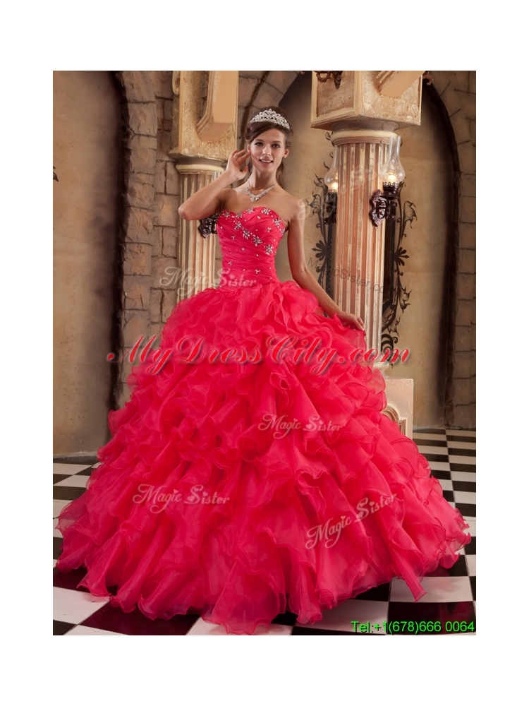 2016  Designer Coral Red Ball Gown Floor Length Ruffles Quinceanera Dresses