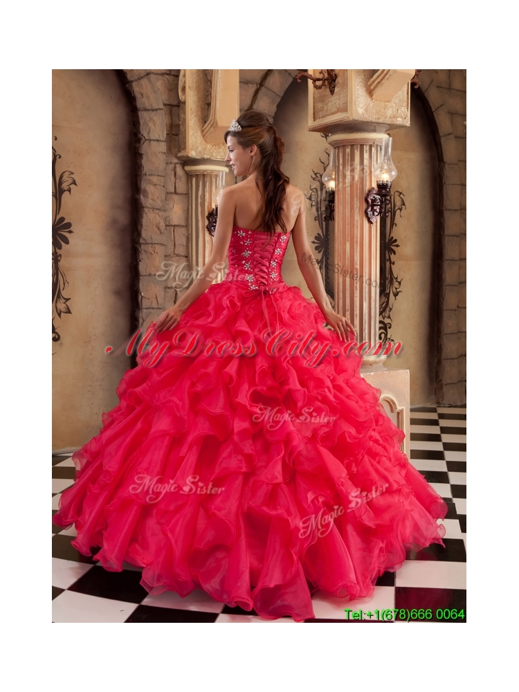 2016  Designer Coral Red Ball Gown Floor Length Ruffles Quinceanera Dresses