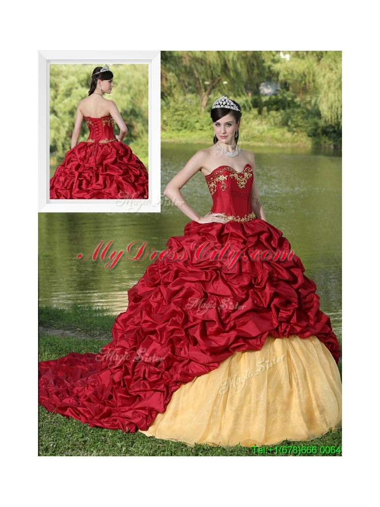 2016 Exclusive Appliques and Pick Ups Brush Train Quinceanera Dresses