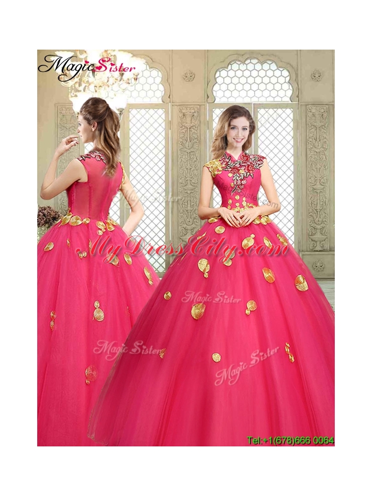 2016 Beautiful High Neck Cap Sleeves Quinceanera Dresses with Appliques