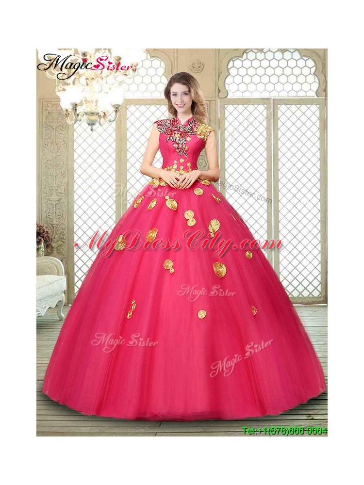 2016 Beautiful High Neck Cap Sleeves Quinceanera Dresses with Appliques