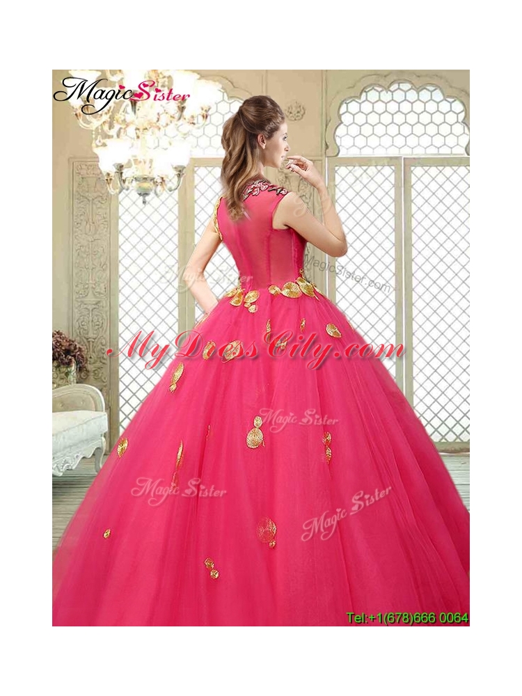 2016 Beautiful High Neck Cap Sleeves Quinceanera Dresses with Appliques