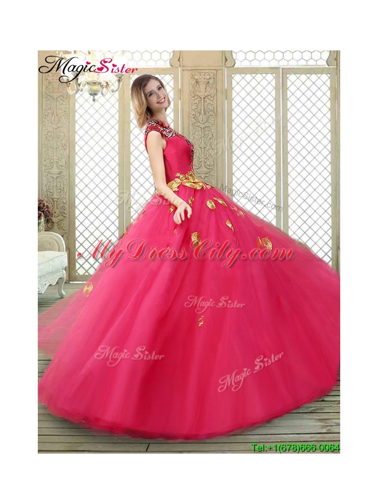 2016 Beautiful High Neck Cap Sleeves Quinceanera Dresses with Appliques