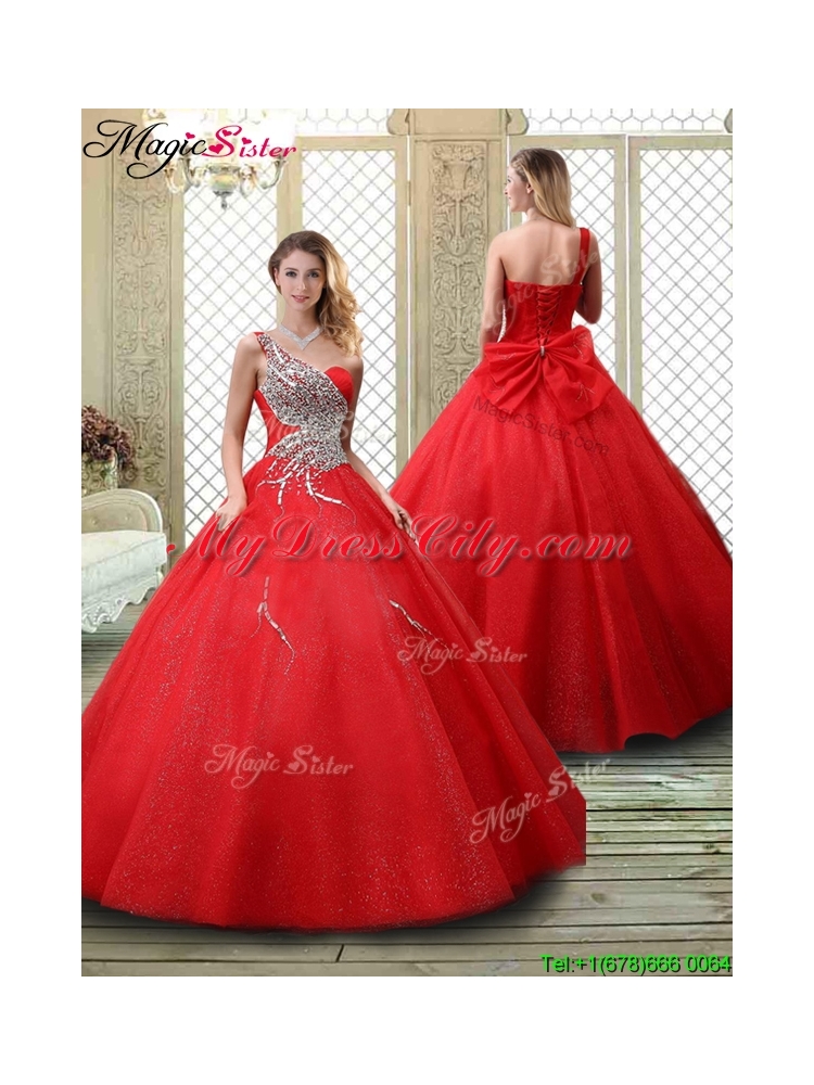 2016 Classical One Shoulder Quinceanera Dresses with Beading in Red