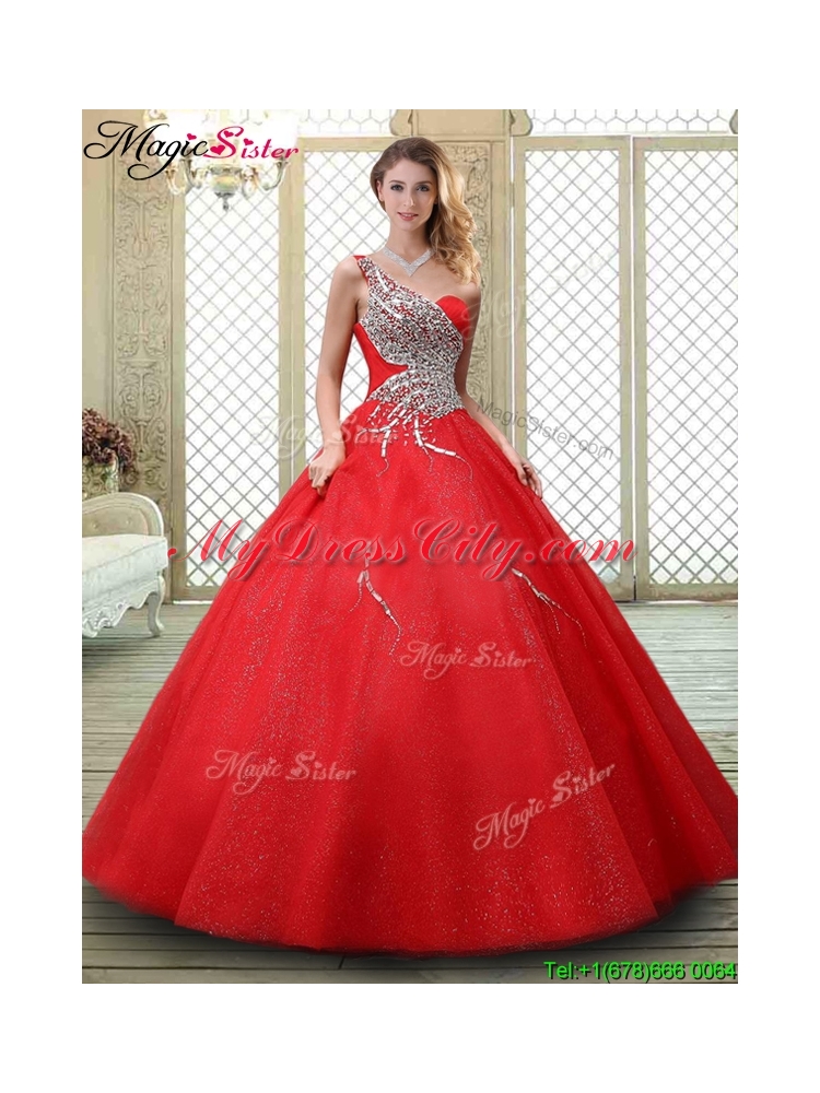 2016 Classical One Shoulder Quinceanera Dresses with Beading in Red