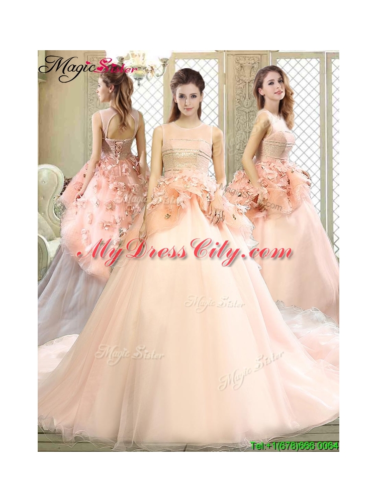 Beautiful Scoop Court Train Quinceanera Dresses with Hand Made Flowers