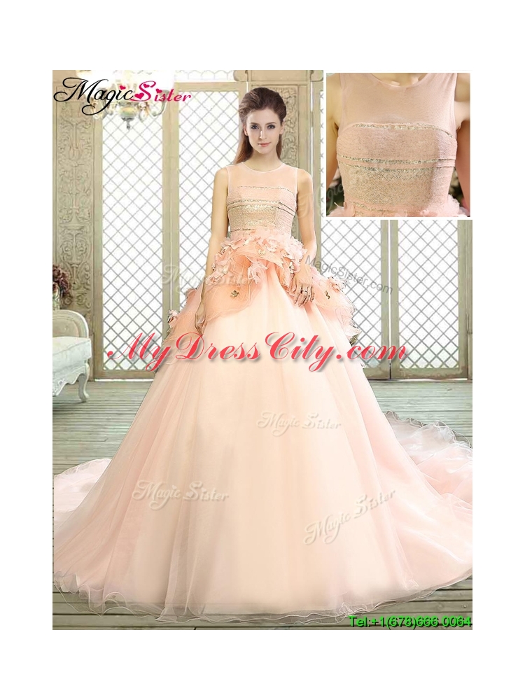 Beautiful Scoop Court Train Quinceanera Dresses with Hand Made Flowers