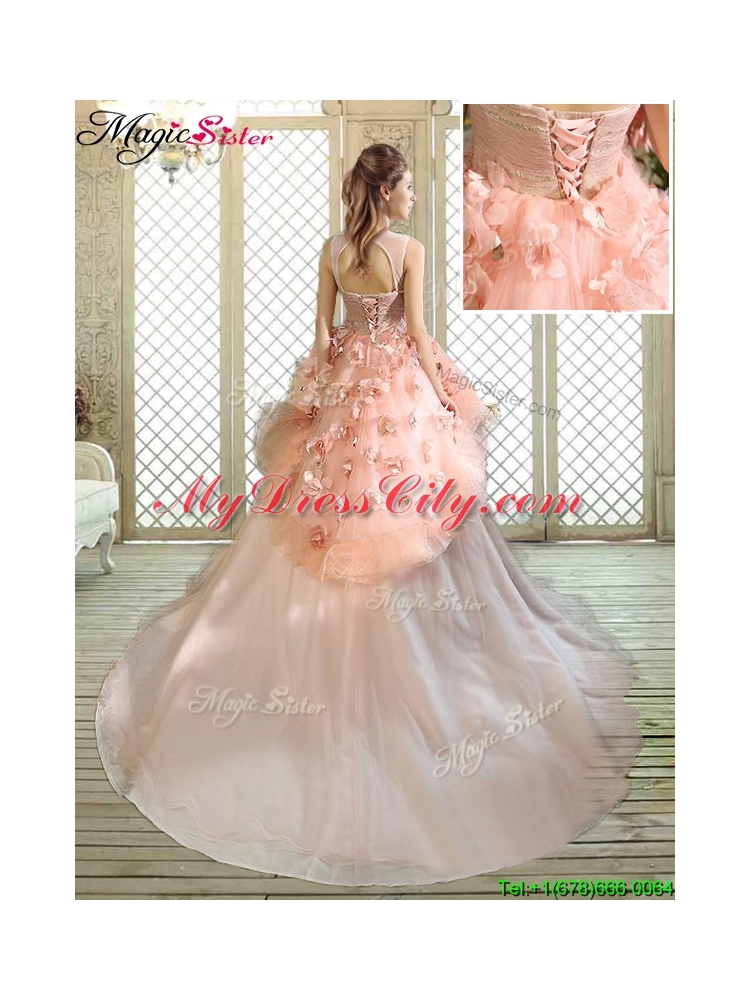 Beautiful Scoop Court Train Quinceanera Dresses with Hand Made Flowers