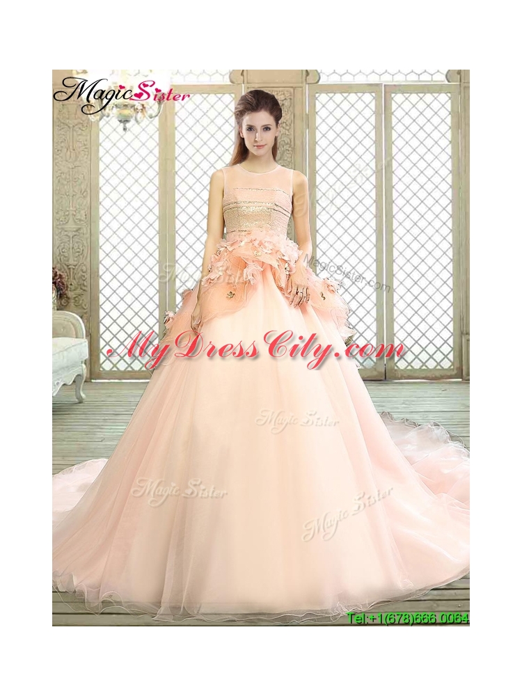 Beautiful Scoop Court Train Quinceanera Dresses with Hand Made Flowers