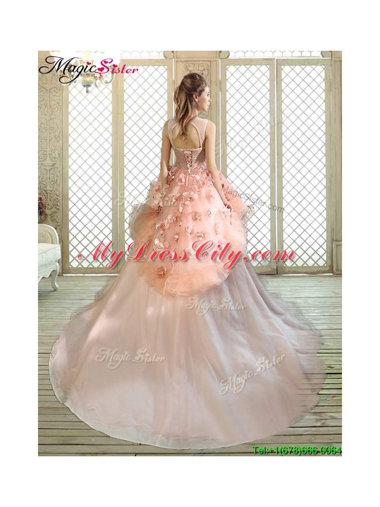 Beautiful Scoop Court Train Quinceanera Dresses with Hand Made Flowers