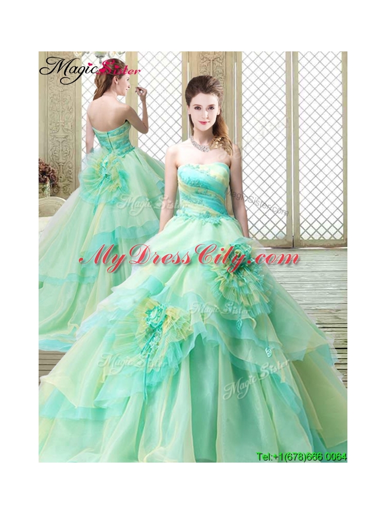 New Strapless Brush Train Prom Dresses with Hand Made Flowers