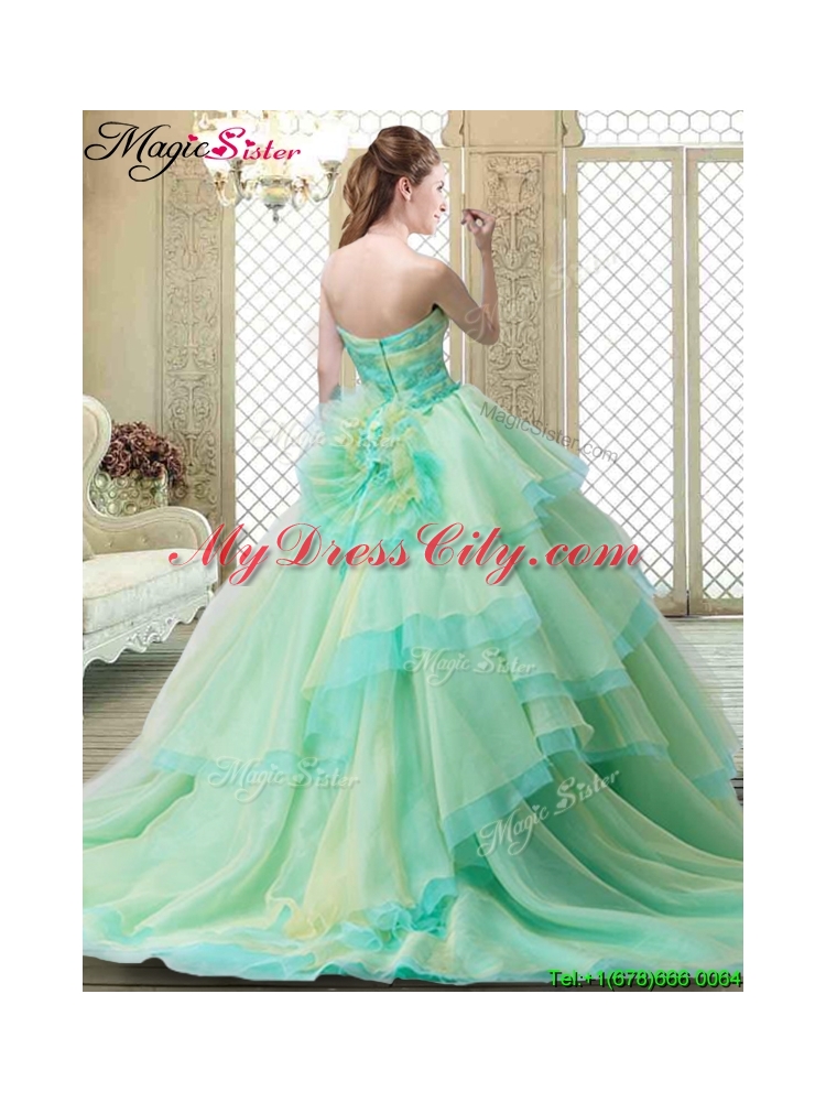 New Strapless Brush Train Prom Dresses with Hand Made Flowers