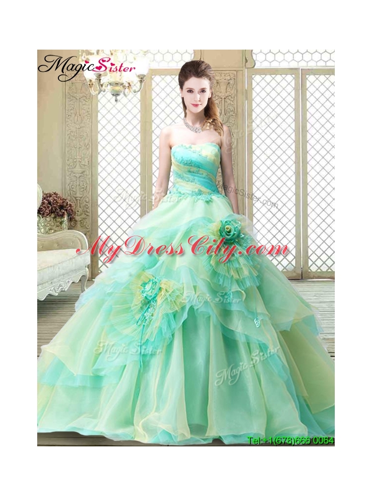 New Strapless Brush Train Prom Dresses with Hand Made Flowers