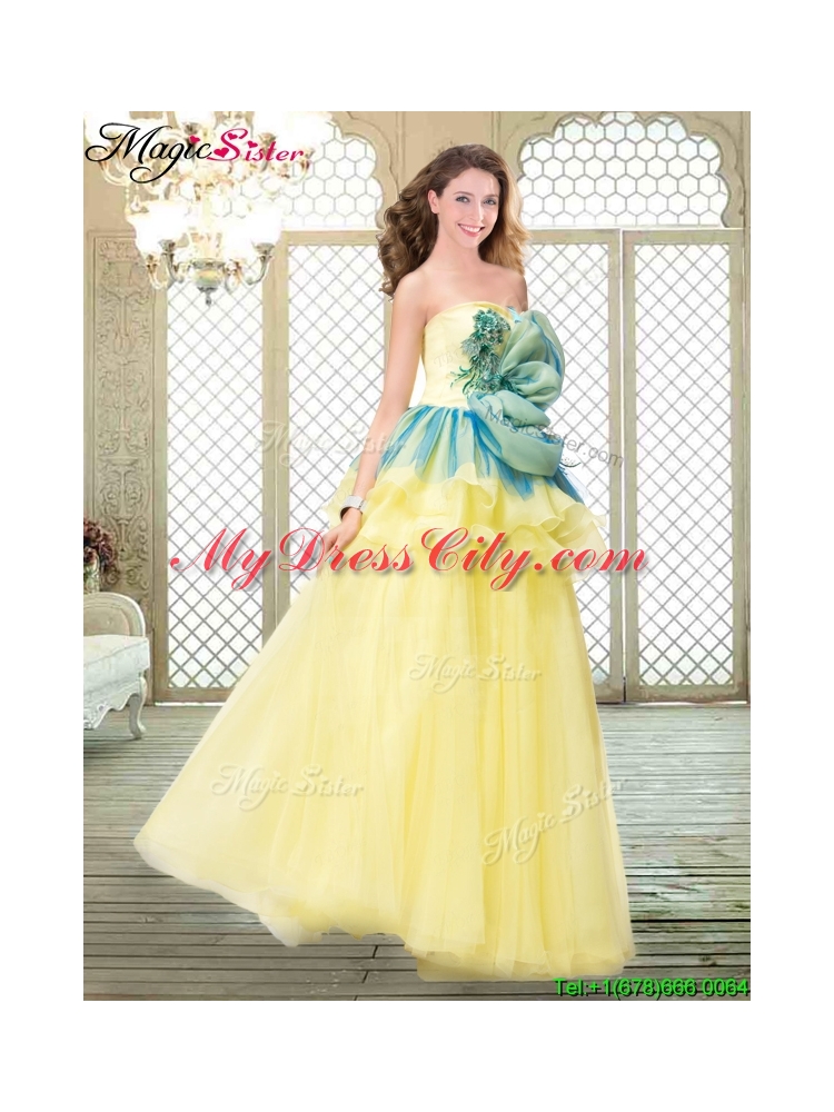 Perfect A Line Strapless Prom Dresses with Bowknot and Ruffles