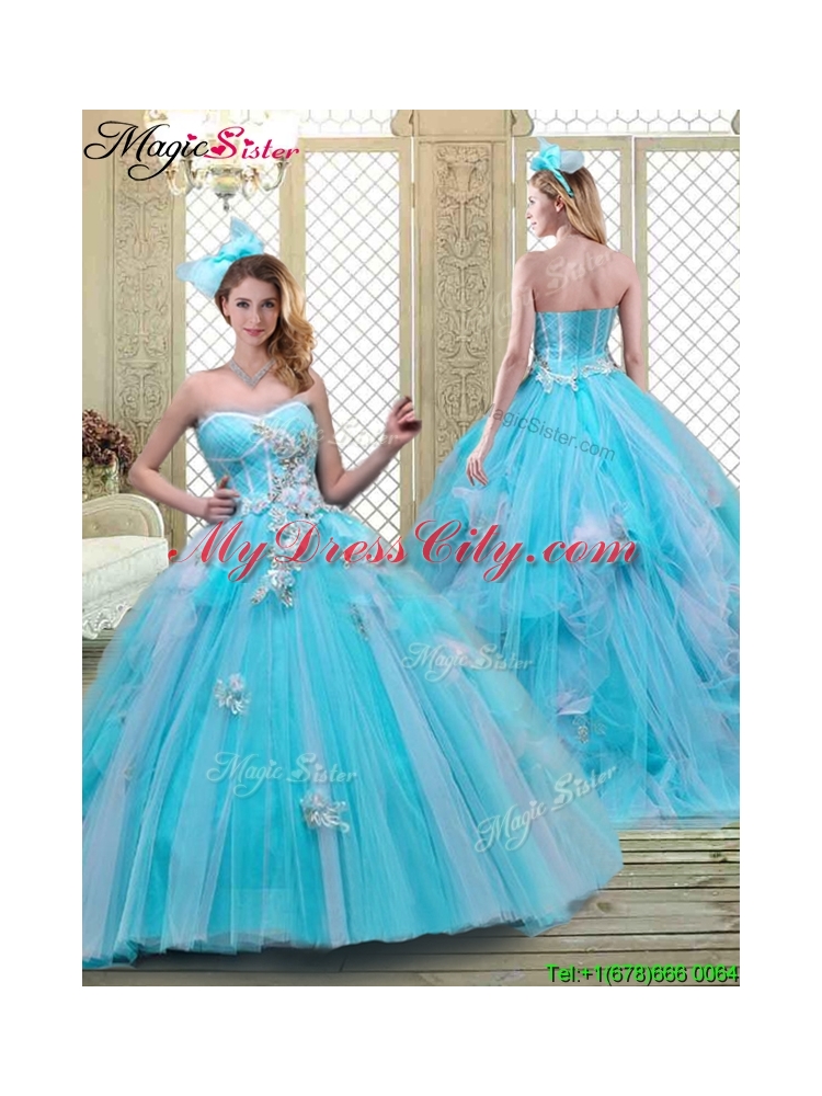 Summer Sweetheart Brush Train Quinceanera Dresses in Baby Blue