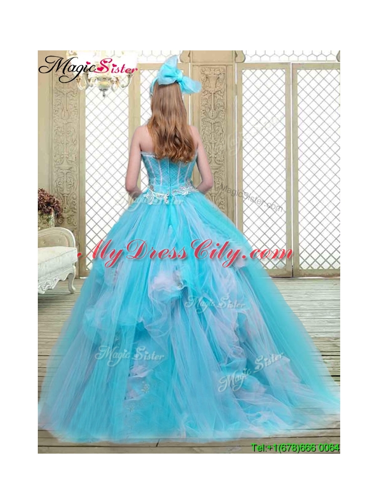 Summer Sweetheart Brush Train Quinceanera Dresses in Baby Blue