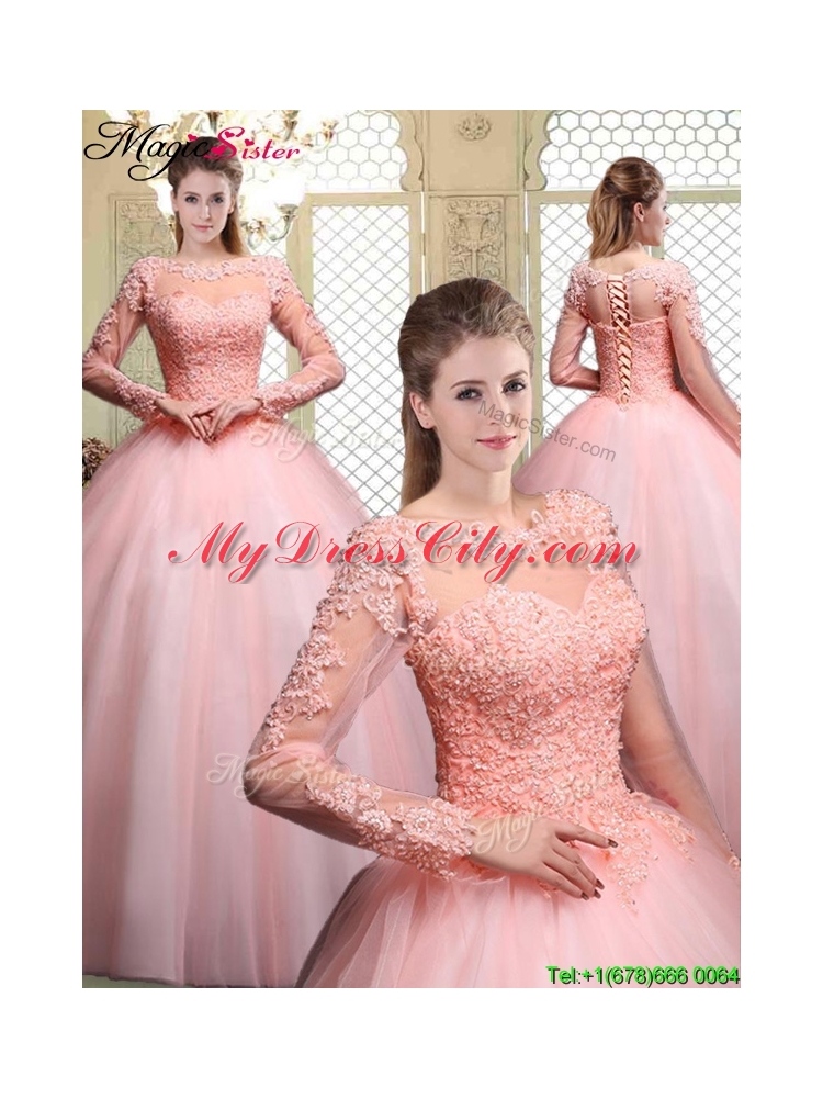 Cheap Bateau Long Sleeves Beading and Appliques Quinceanera Dresses