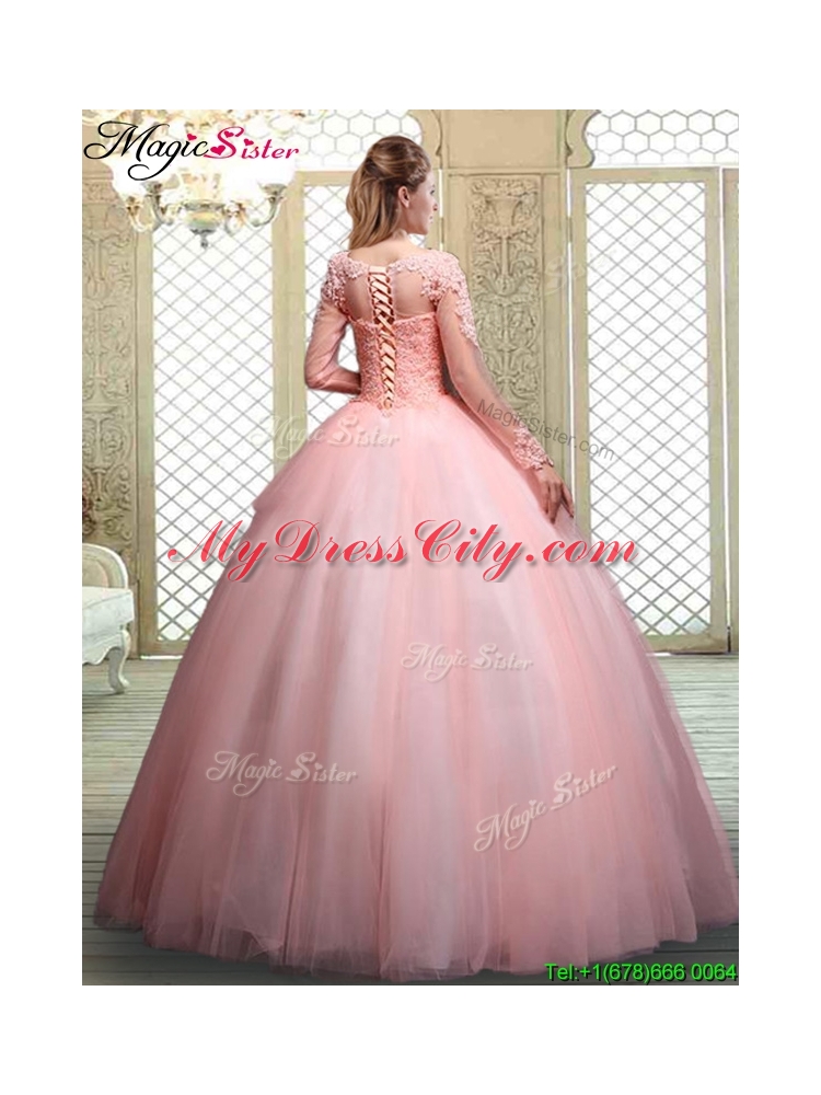 Cheap Bateau Long Sleeves Beading and Appliques Quinceanera Dresses