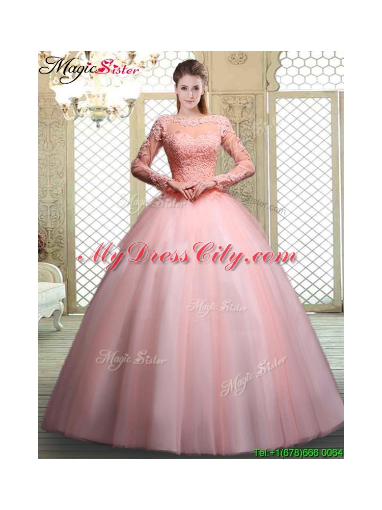 Cheap Bateau Long Sleeves Beading and Appliques Quinceanera Dresses