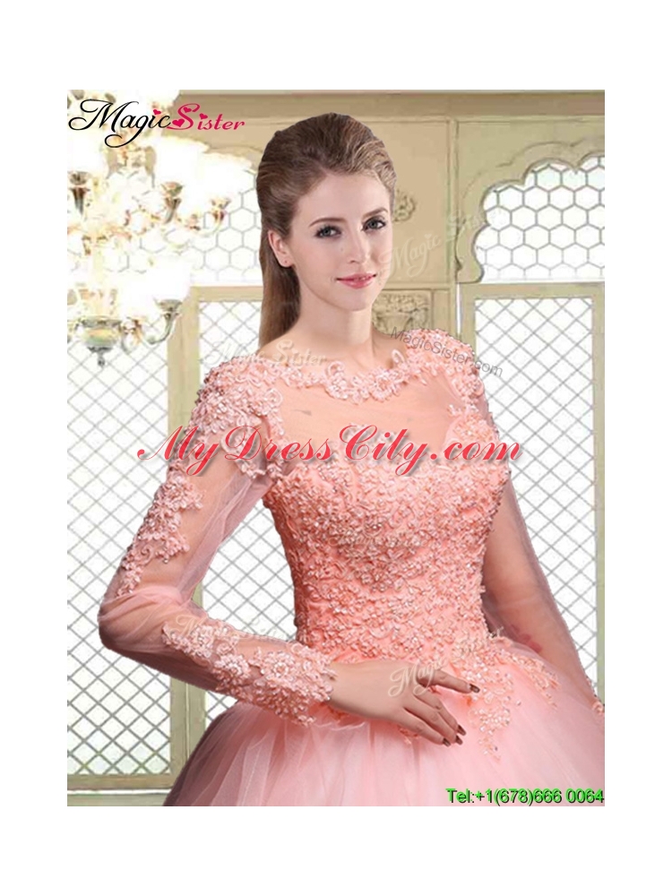 Cheap Bateau Long Sleeves Beading and Appliques Quinceanera Dresses