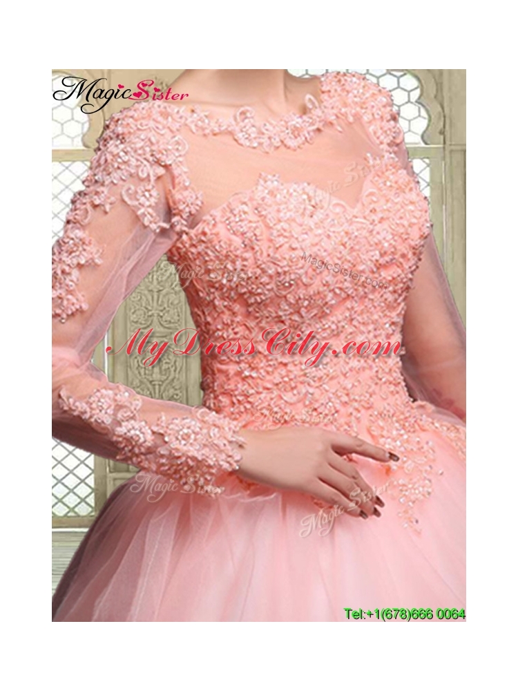 Cheap Bateau Long Sleeves Beading and Appliques Quinceanera Dresses