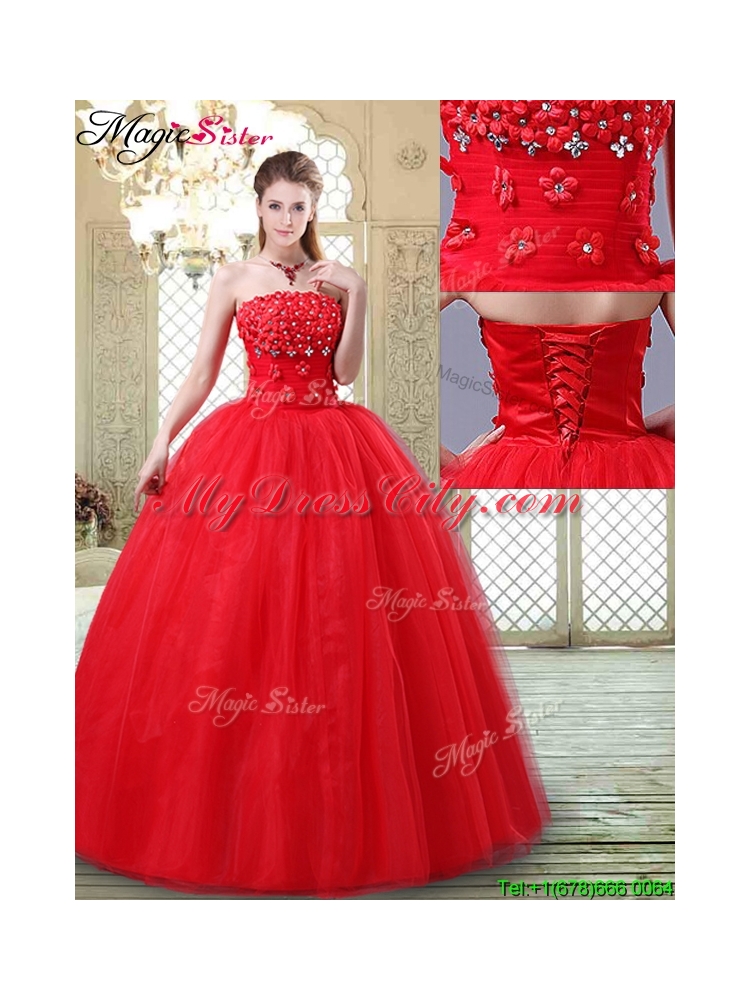 Inexpensive Strapless Quinceanera Dresses with Hand Made Flowers