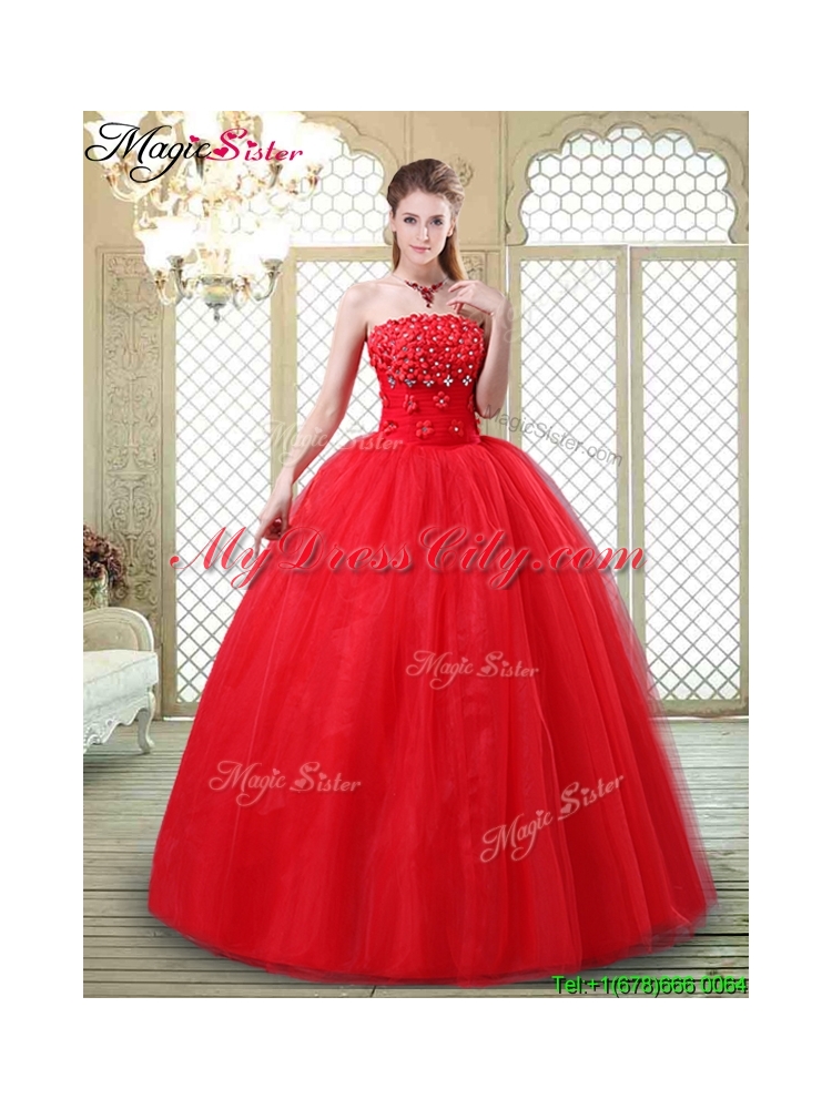 Inexpensive Strapless Quinceanera Dresses with Hand Made Flowers