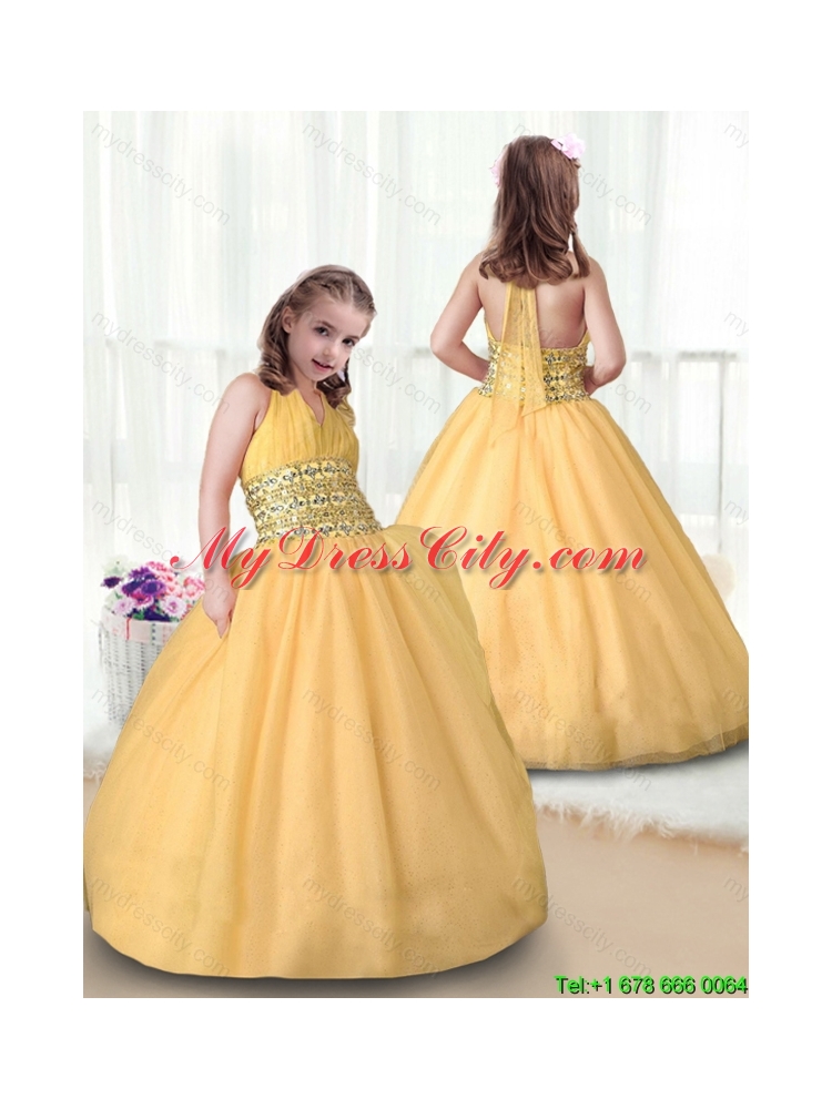 Beautiful Ball Gown Halter Top Little Girl Pageant Dresses in Gold