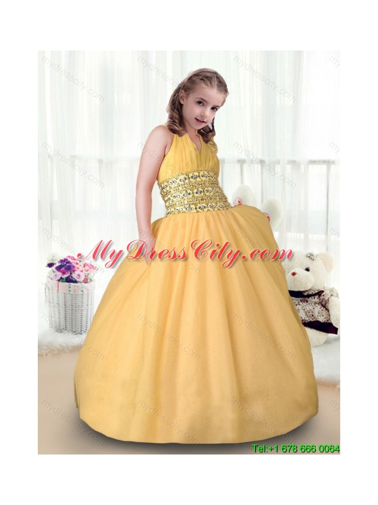 Beautiful Ball Gown Halter Top Little Girl Pageant Dresses in Gold