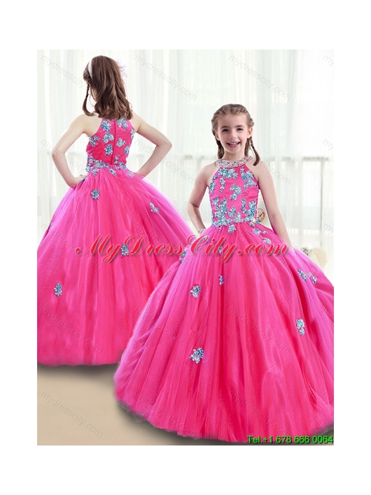 Classical High Neck Beading Flower Girl Dresses with Appliques