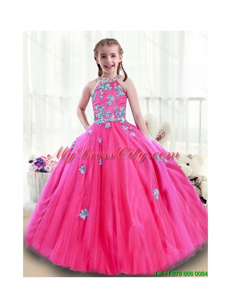 Classical High Neck Beading Flower Girl Dresses with Appliques