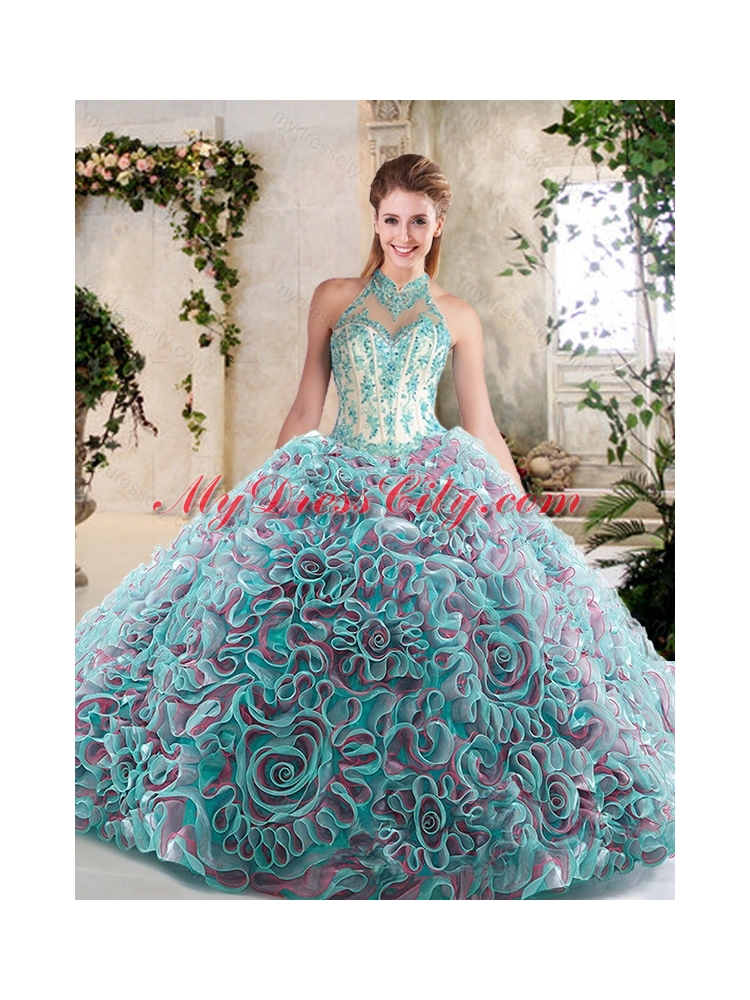 2016 Hot Sale Appliques and Ruffles Sweet 16 Dresses with Halter Top