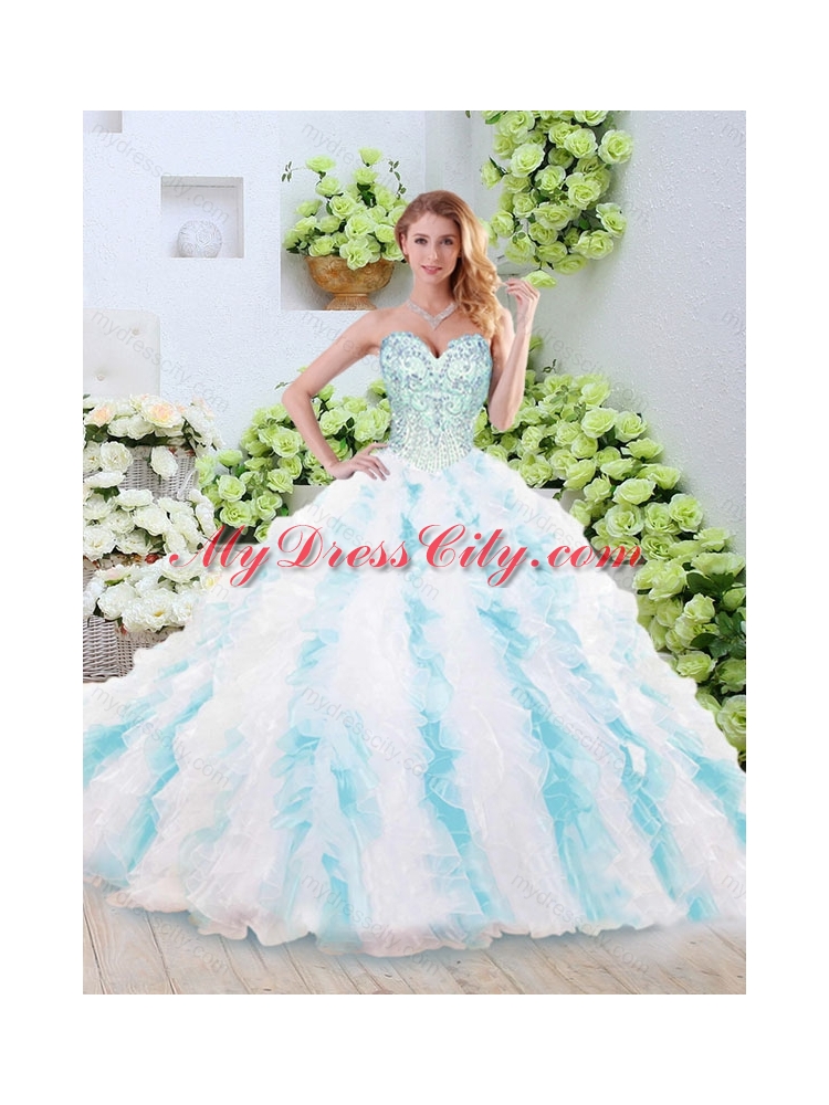 2016 Fashionable Brush Train Quinceanera Gowns with Beading and Ruffles