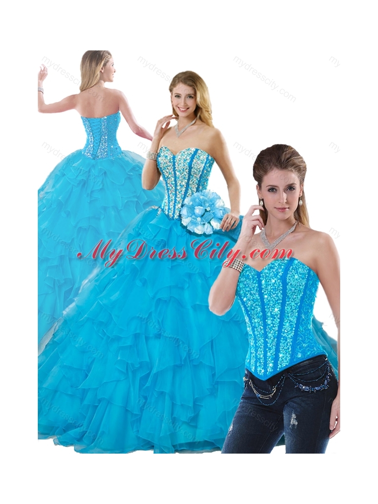 Cheap Beading Detachable Quinceanera Dresses in Aqua Blue