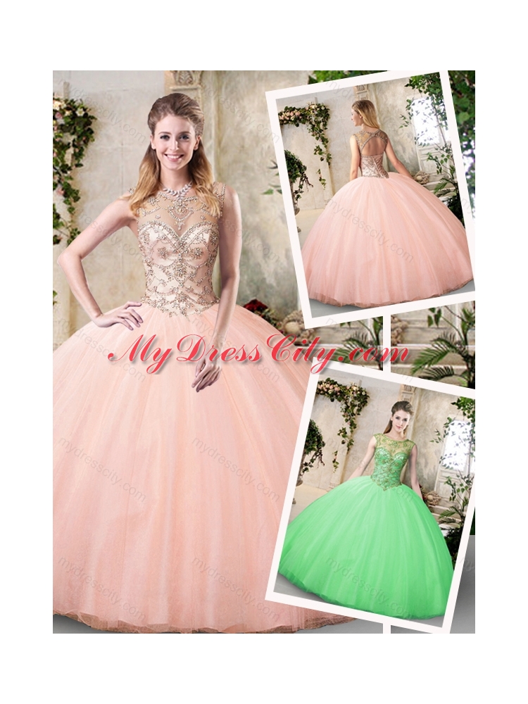 2016 Modest Bateau Peach Quinceanera Dresses with Beading