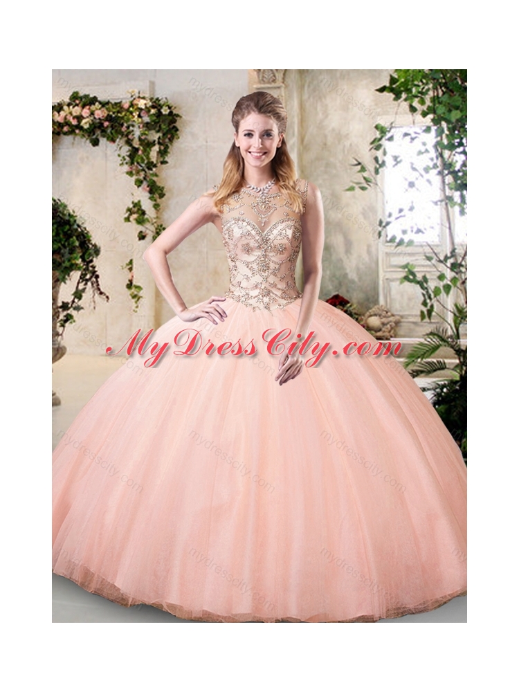 2016 Modest Bateau Peach Quinceanera Dresses with Beading