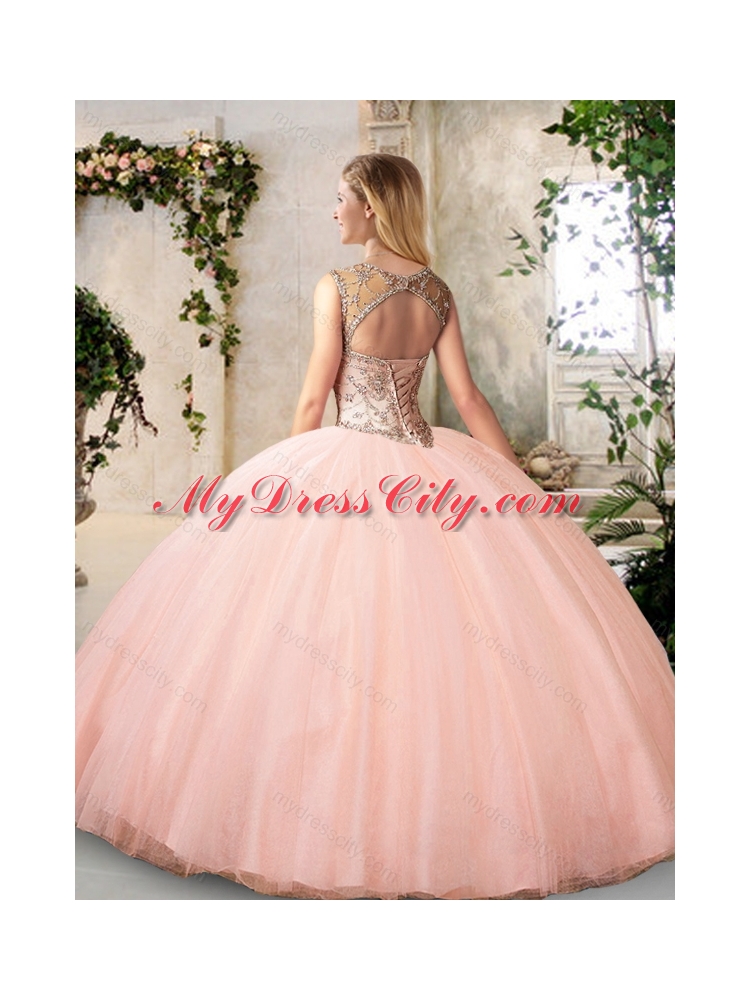 2016 Modest Bateau Peach Quinceanera Dresses with Beading