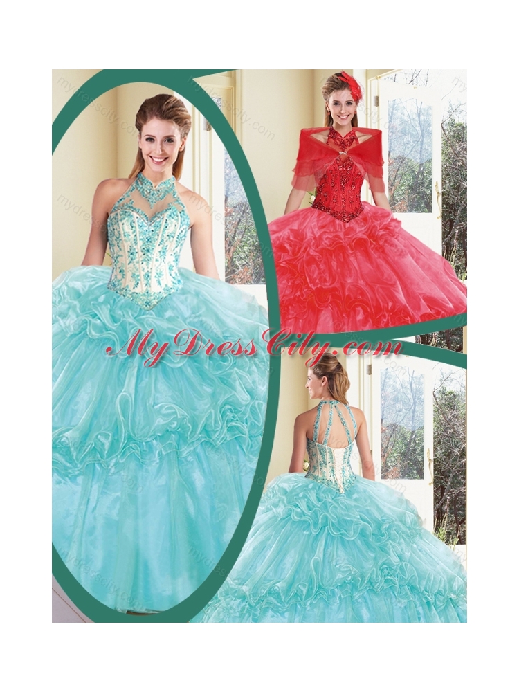 Elegant Halter Top Quinceanera Dresses with Appliques and Ruffles