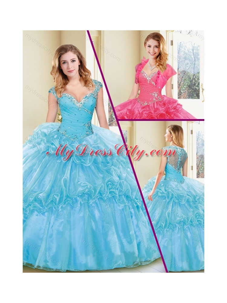 Fashionable Beading and Ruffles Quinceanera Dresses in Aqua Blue