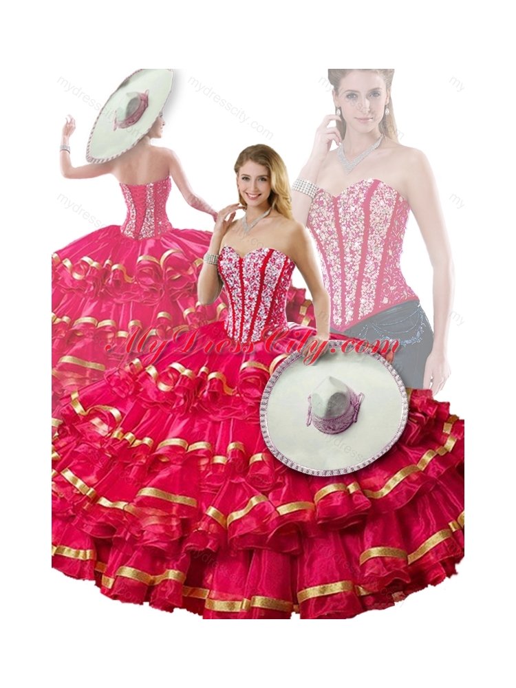 Latest Beading and Ruffled Layers Red Detachable Quinceanera Dresses